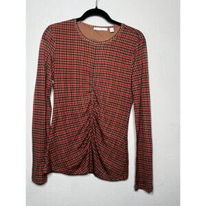 Hugo Boss Egila Houndstooth Top Brown Red Ruched Pullover Long Sleeve Sz M